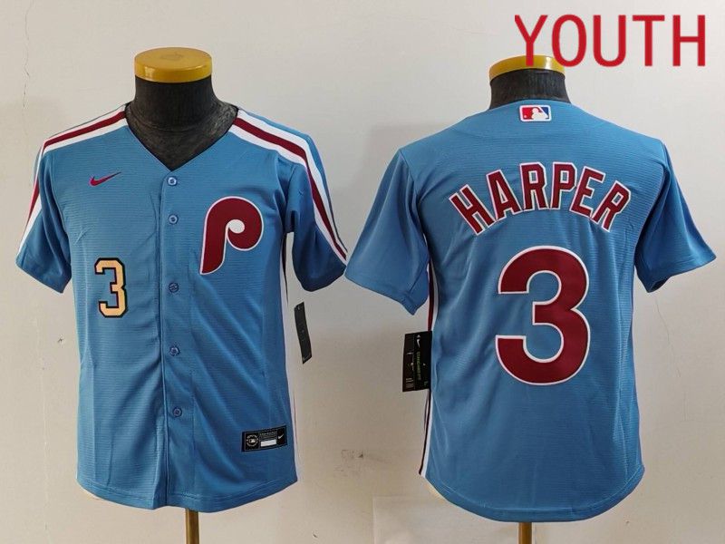 Youth Philadelphia Phillies #3 Harper Blue Throwback 2024 Nike MLB Jersey style 2